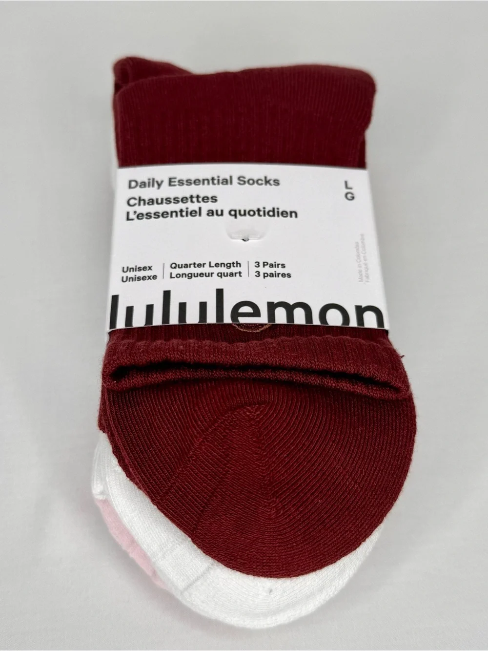 lululemon Daily Essential Quarter Socks 3-Pack Unisex L Cherry Ember Pink White